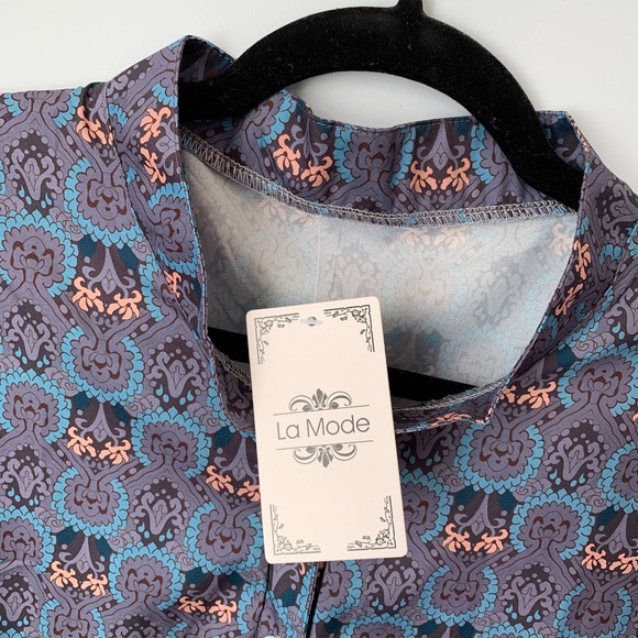SIZE XL LA MODE BUTTON FRONT ABSTRACT V-NECK BLOUSE TOP GRAY & TEAL - Picture 5 of 11